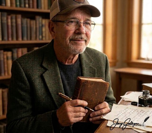 Joey Galligan in a ball cap and tweed jacket, smiling at a writing desk with a leather journal and pen in hand