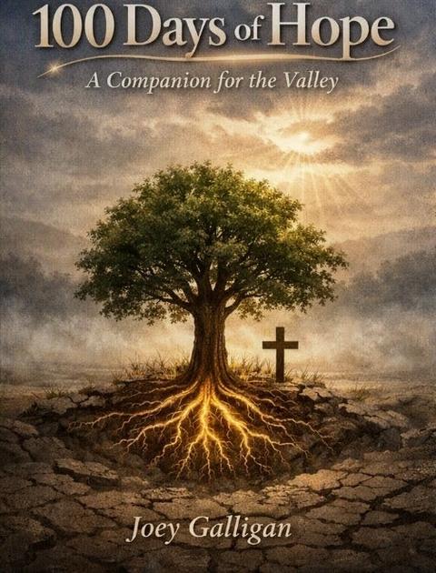 Cover of 100 Days of Hope: A Companion for the Valley, showing a tree with glowing roots spreading through cracked ground beside a small cross
