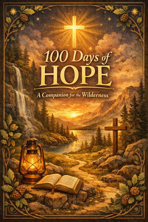 Cover of 100 Days of Hope: A Companion for the Wilderness, showing a lantern and open Bible beside a path to a mountain lake, with a wooden cross and a glowing cross in the sky