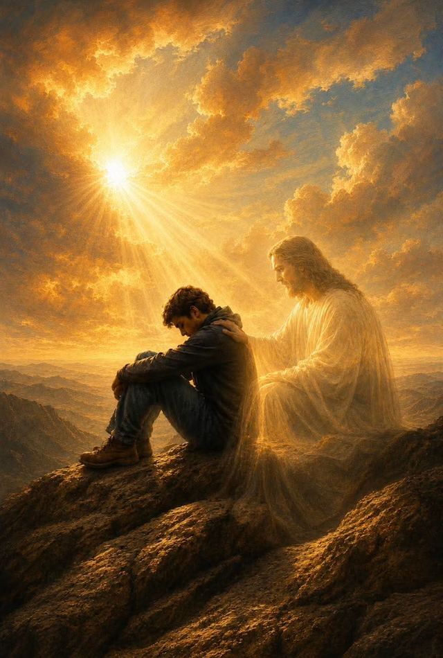 Painting of a man sitting with his head bowed on a mountaintop at sunrise while Jesus sits beside him in golden light