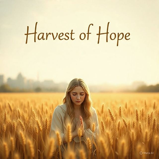 A woman kneeling in prayer in a golden wheat field, with the words Harvest of Hope