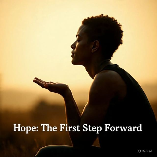 Silhouette of a person with an open hand against a golden sky, with the words Hope: The First Step Forward