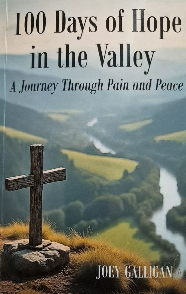 Cover of 100 Days of Hope in the Valley by Joey Galligan, showing a wooden cross on a hillside above a green river valley