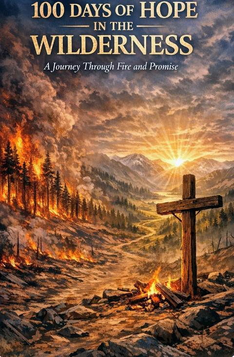 Cover of 100 Days of Hope in the Wilderness, showing a wooden cross standing in a burning forest at sunrise