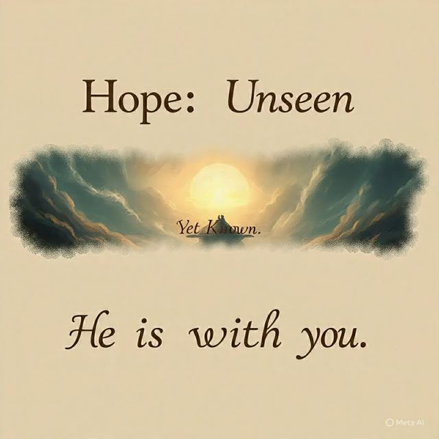 Sunrise through clouds framed by the words Hope: Unseen, Yet Known. He is with you.