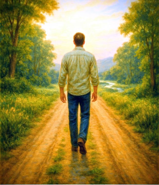 A man walking down a sunlit dirt path between green trees toward a distant river