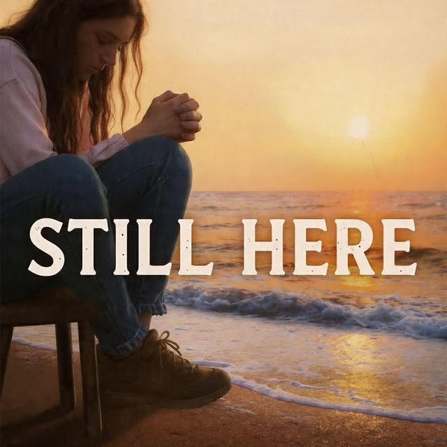 A woman praying in a chair at the edge of the ocean at sunset, with the words Still Here