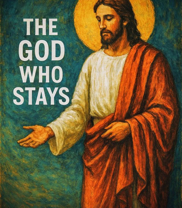 Painting of Jesus in a red robe reaching out his hand, with the words The God Who Stays